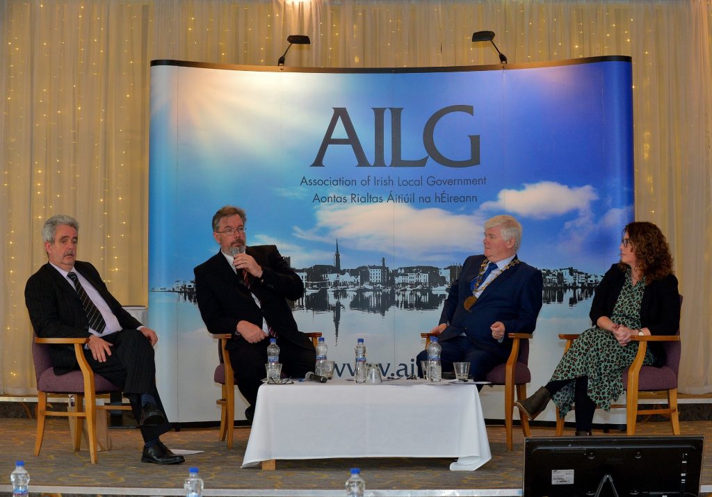 24th March 2022, AILG Annual Conference in Inishowen Gateway Hotel, Buncran Co Donegal AILG President Cllr. Nicholas Crossan pictured with guest speakers during Town Centre First discussion